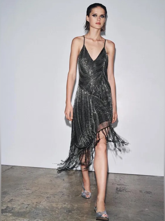 Nwt. Zara Black Fringed Beaded Midi Dress. Size M.